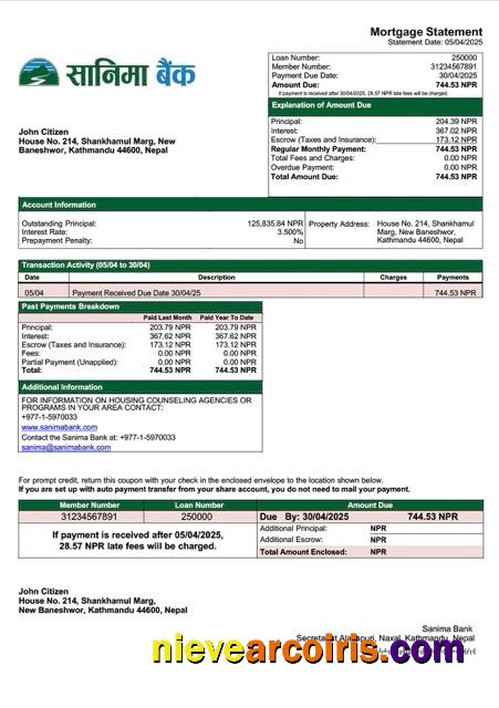 Nepal Sanima Bank mortgage statement Word and PDF template